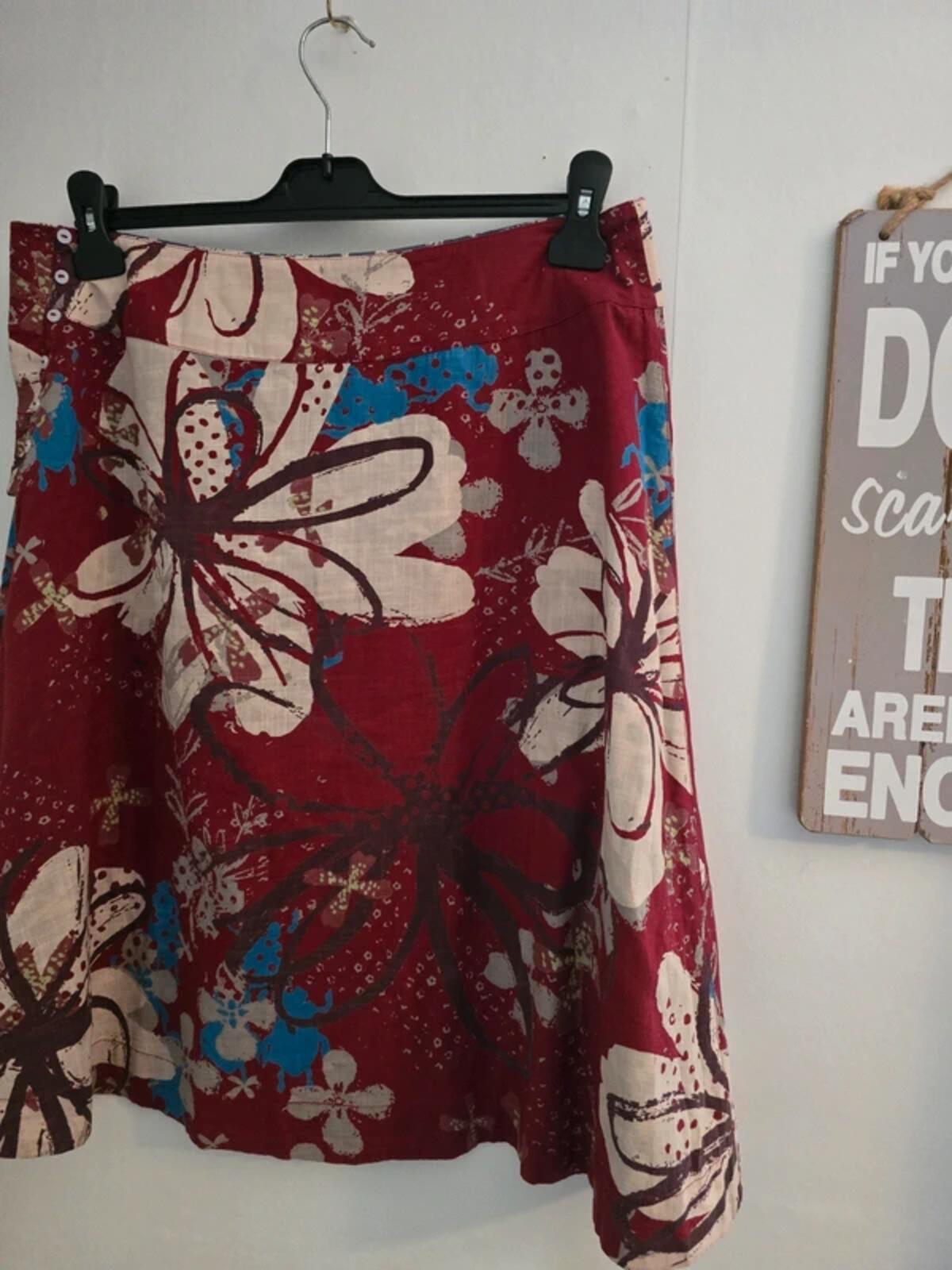 White Stuff Reversible Knee Length Skirt 10 Blue Bird Print Burgundy Floral