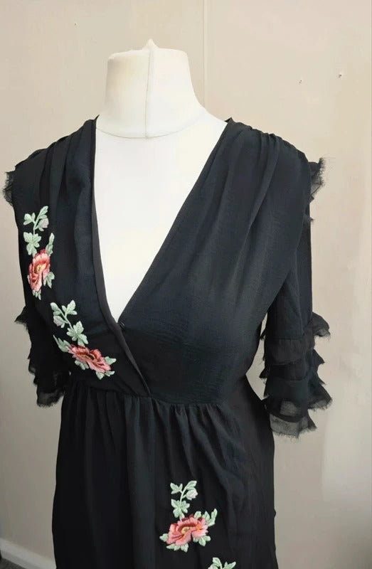Topshop Black Embroidered Floral Frilly Flared Dress Size 10