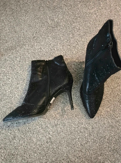 Dune 837olitta Black Embellished Pointed Toe Stiletto Ankle Boots Size 6