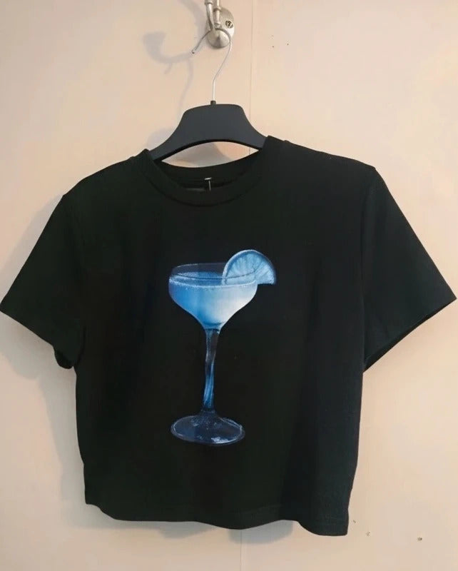 SHEIN Black Cropped T-Shirt M Size 10-12 Blue Cocktail Graphic Print Baby Tee