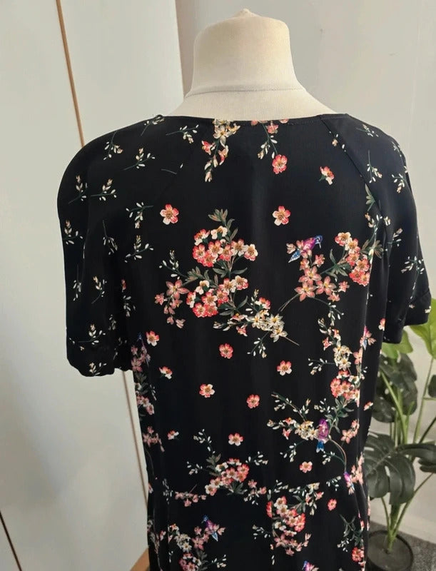Phase Eight Black Floral Tie Front Dress Short Sleeves Size 16