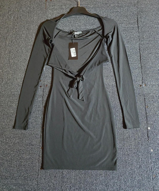 EGO Black Cut Out Bodycon Mini Dress Tie Front Long Sleeve UK Size 6
