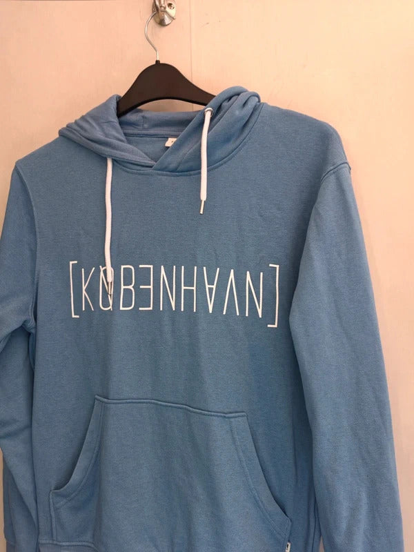 !Solid Light Blue Drawstring Pullover Hoodie Size Small