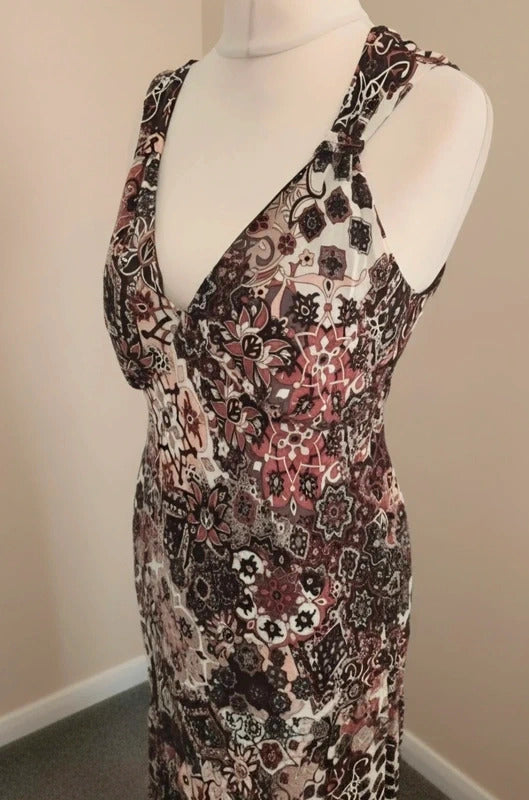 Etam Y2K Ladies Brown & Burgundy Patterned Midi Dress