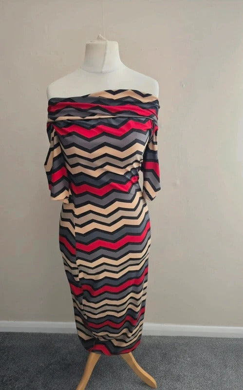 Louche Grey Red and Beige Zigzag Bodycon Maxi Dress Size 10