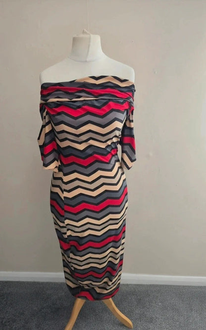 Louche Grey Red and Beige Zigzag Bodycon Maxi Dress Size 10