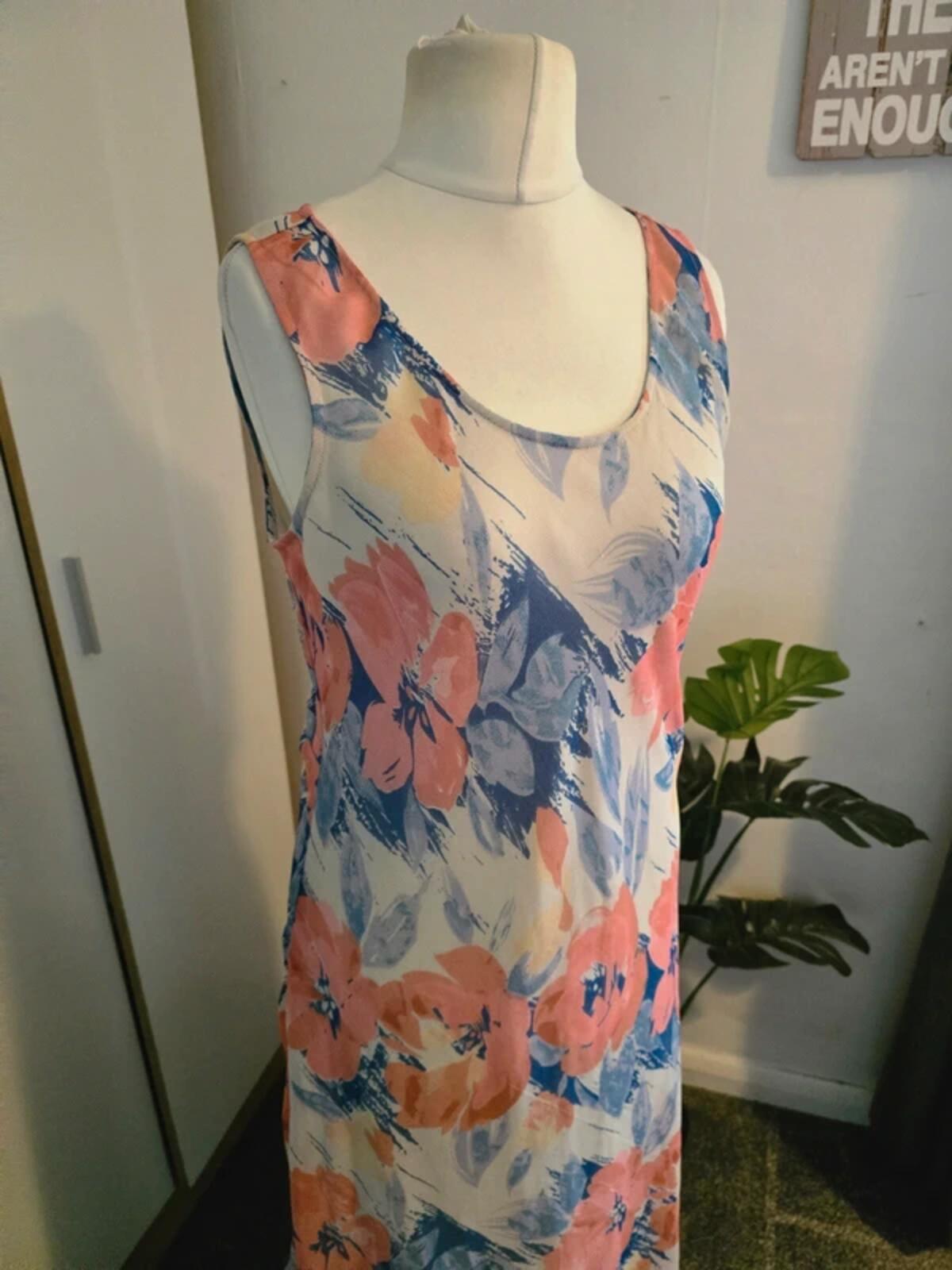 Adini Cream Pink & Blue Floral Sleeveless Midi Dress L Size 10-12