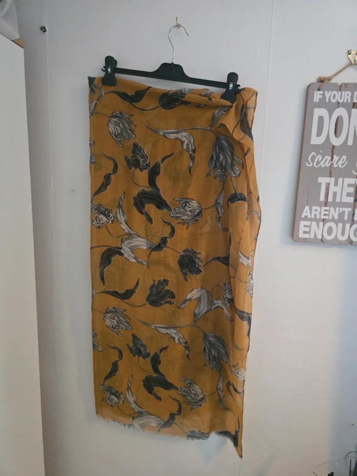 Mustard Yellow & Black Floral Lightweight Viscose Scarf Shawl with Frayed Edge