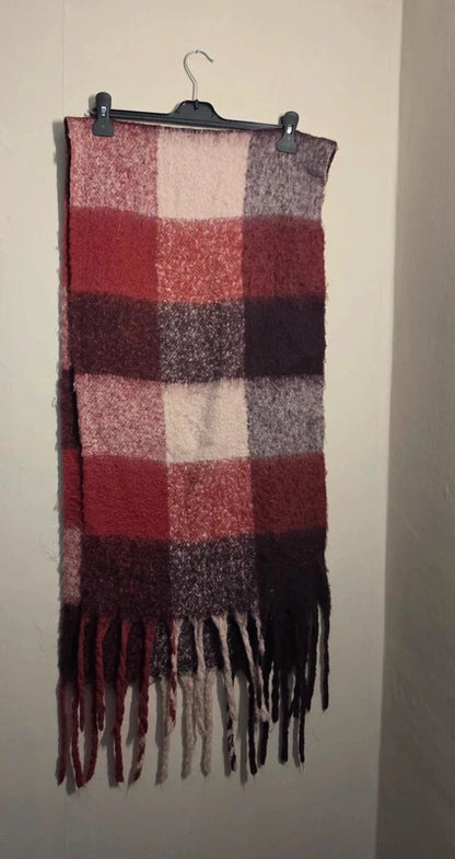 Original Red Burgundy Purple Checked Chunky Knit Tassel Scarf
