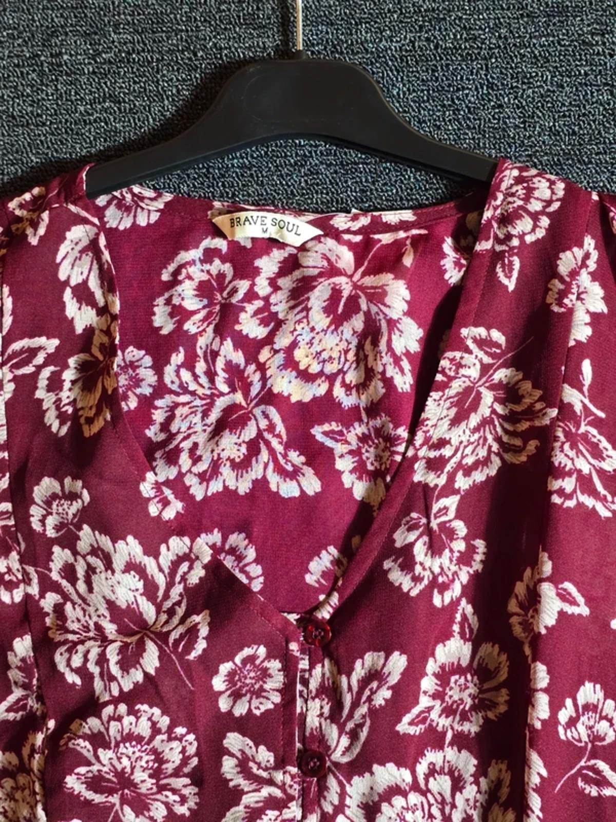 Brave Soul Burgundy Floral Boho Dress UK Size 10/12 Belted Flared Sleeves