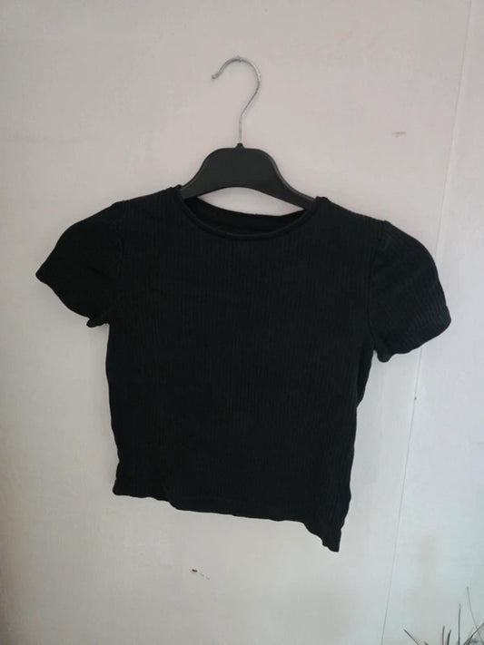 F&F Girls Black Ribbed Short-Sleeved T-Shirt Size Age 9-10 Years