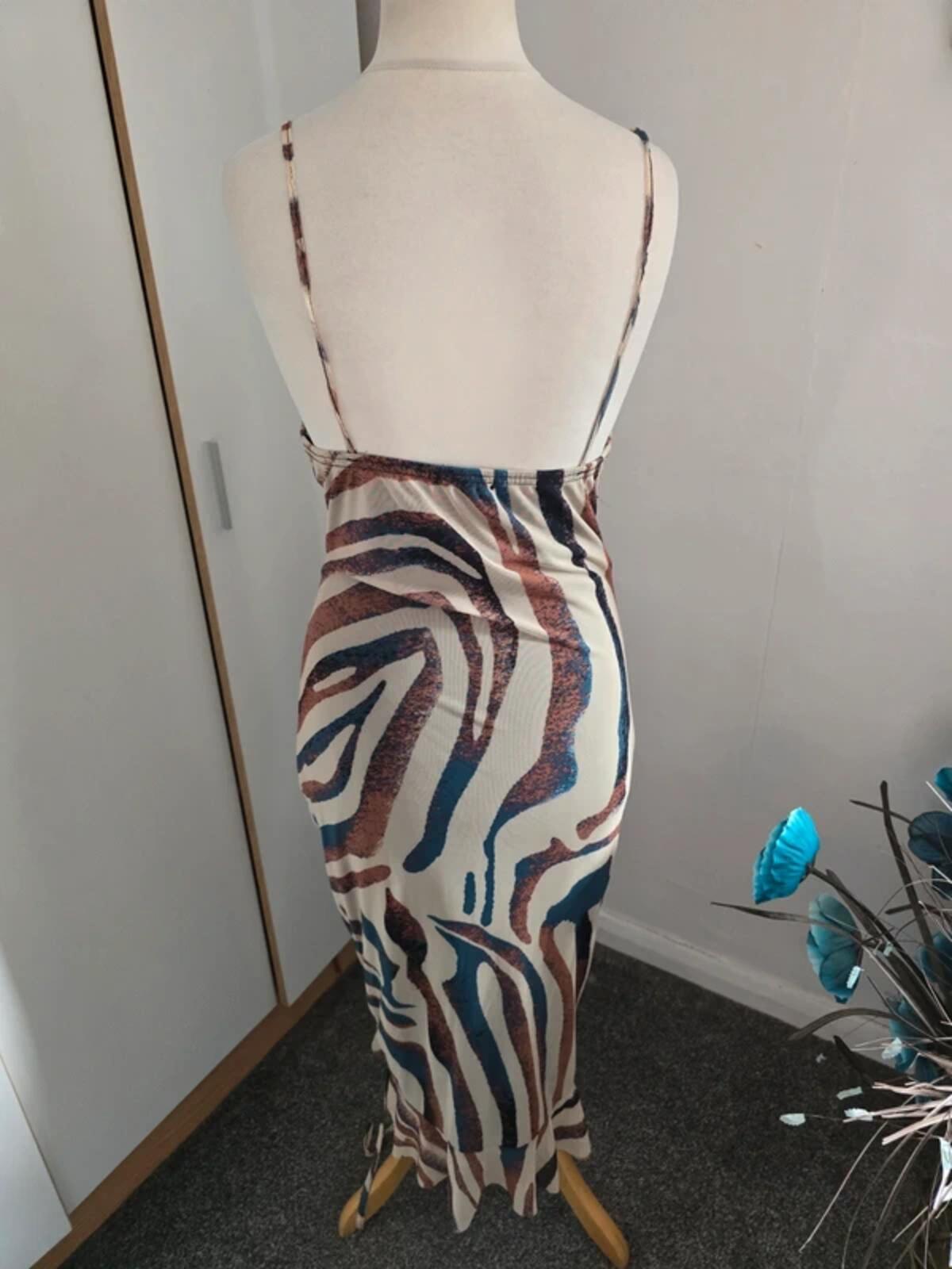 PrettyLittleThing Cream, Brown & Blue Patterned Midi Dress Size 12