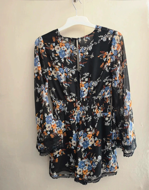 River Island Black Floral Sheer Bell Sleeve Playsuit Size 12