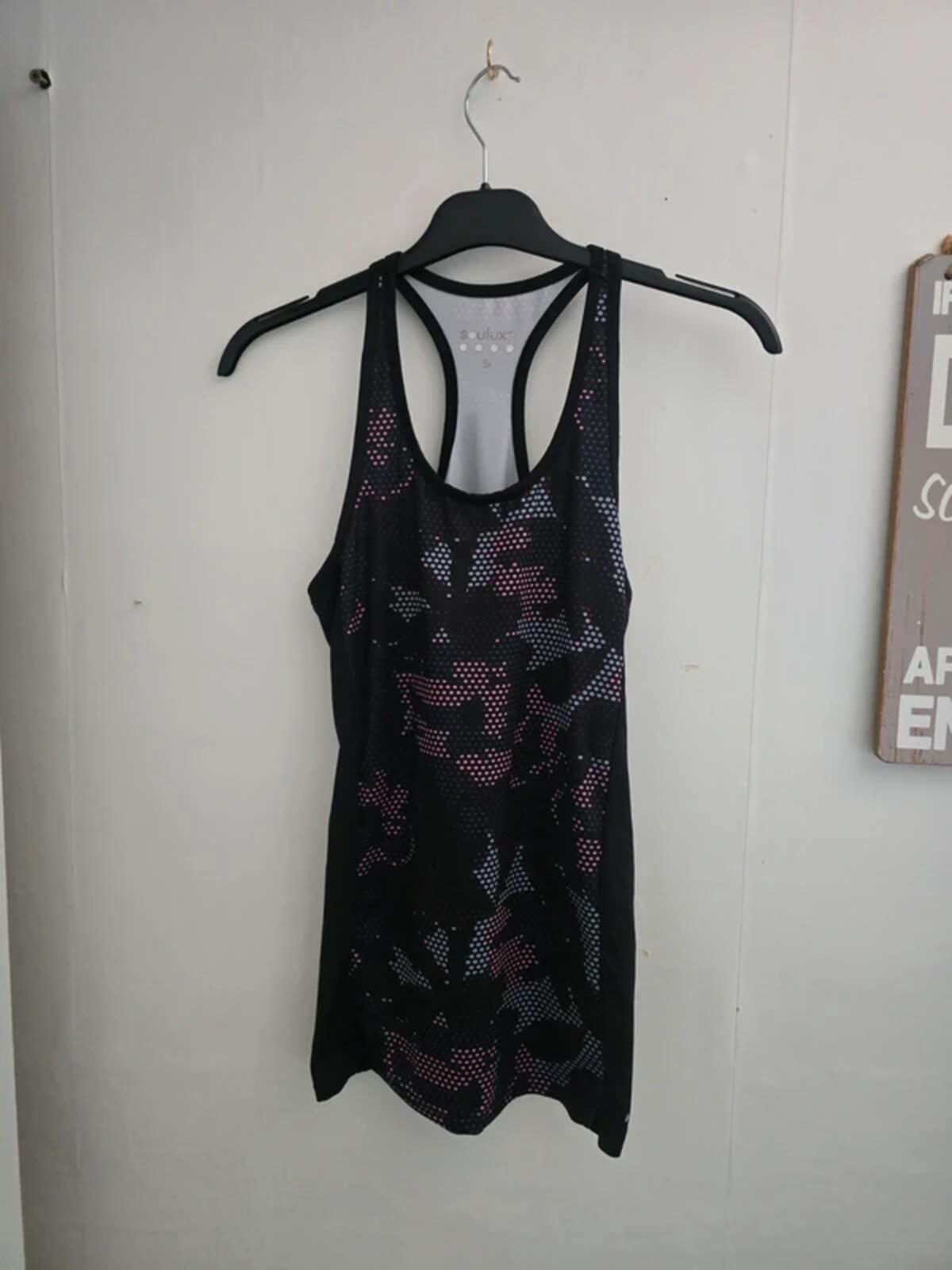 Matalan Souluxe Black, Blue & Pink Patterned Gym Top S Size 10-12