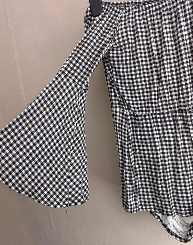 Boohoo Black & White Gingham Off The Shoulder Flared Sleeve Playsuit Size 12
