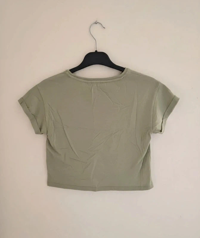 H&M Girls Khaki Green Cropped Short-Sleeved T-Shirt Size Age 10-12 Years