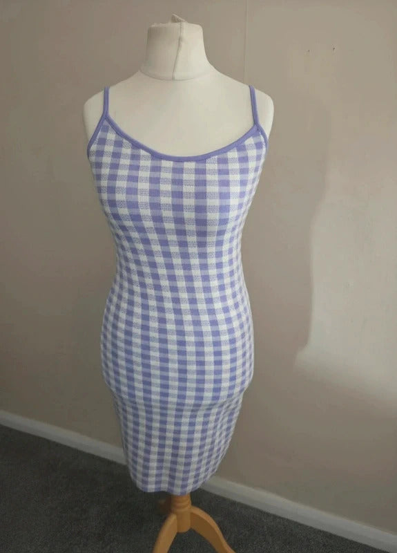 Primark Lilac & White Gingham Sleeveless Bodycon Mini Dress Size 10-12 (M)