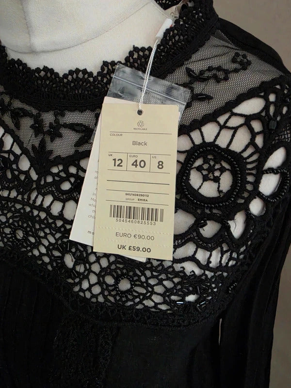 Monsoon Black Beaded High Neck Blouse Size 12 NWT