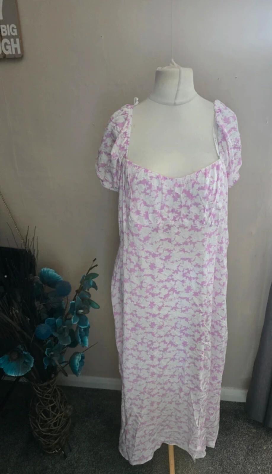 Primark Pink & White Patterned Off The Shoulder Midi Dress Front Slit Size 20.
