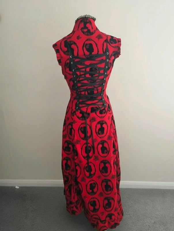 Jawbreaker Red & Black Gothic Cameo Print Corset Midi Dress – S Size  8–10