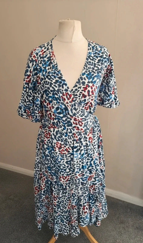 Next Multicoloured Animal Print Midi Wrap Dress with Puff Sleeves Size 12