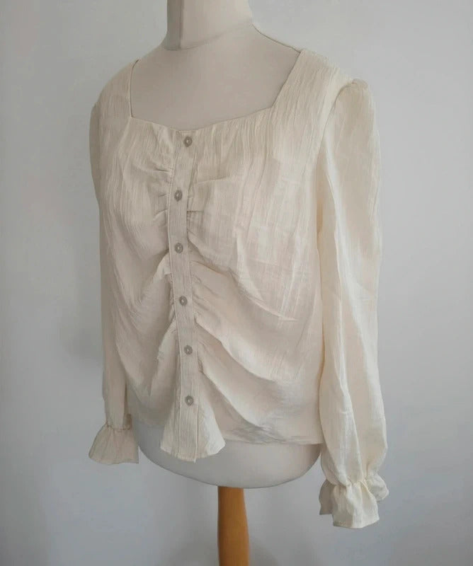 Aware White Ruched Front Blouse  XL Size 16-18 Long Sleeve Frill Cuff Top NWT