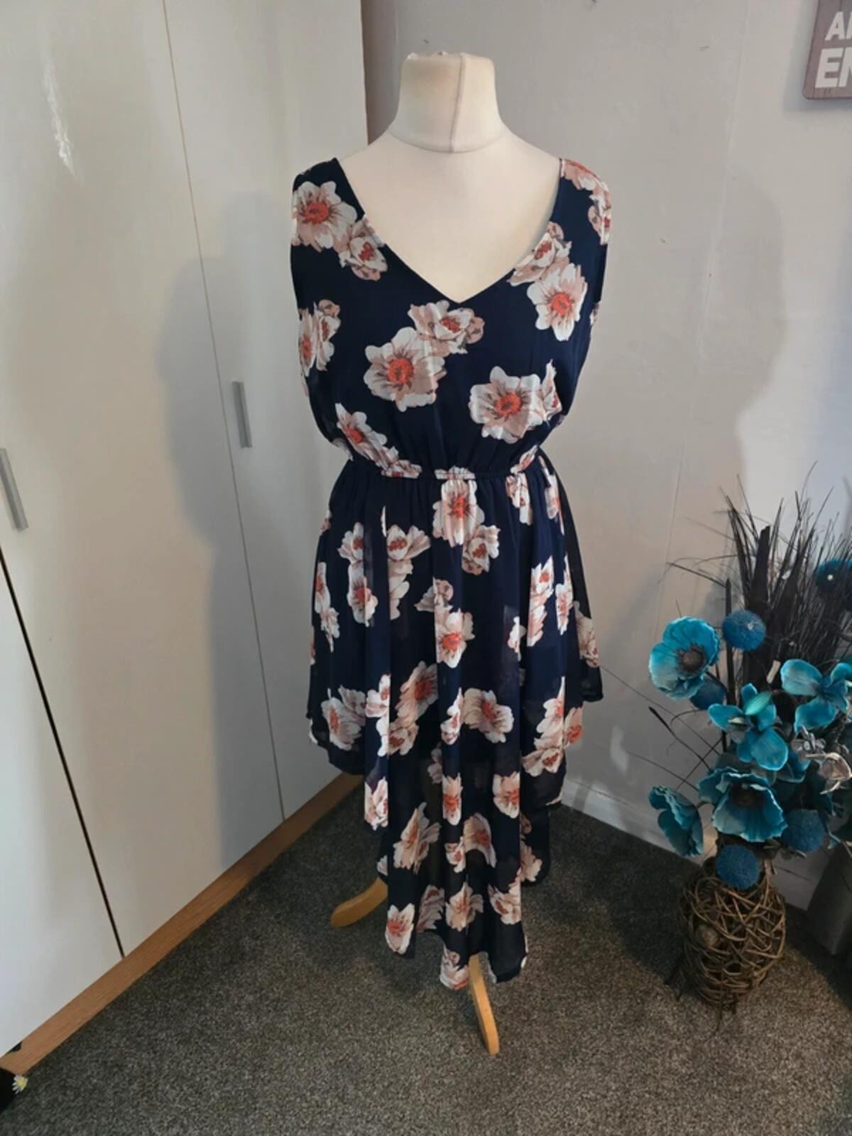 Apricot Navy Floral Asymmetric Midi Dress Size 12 Sleeveless High Low Hem