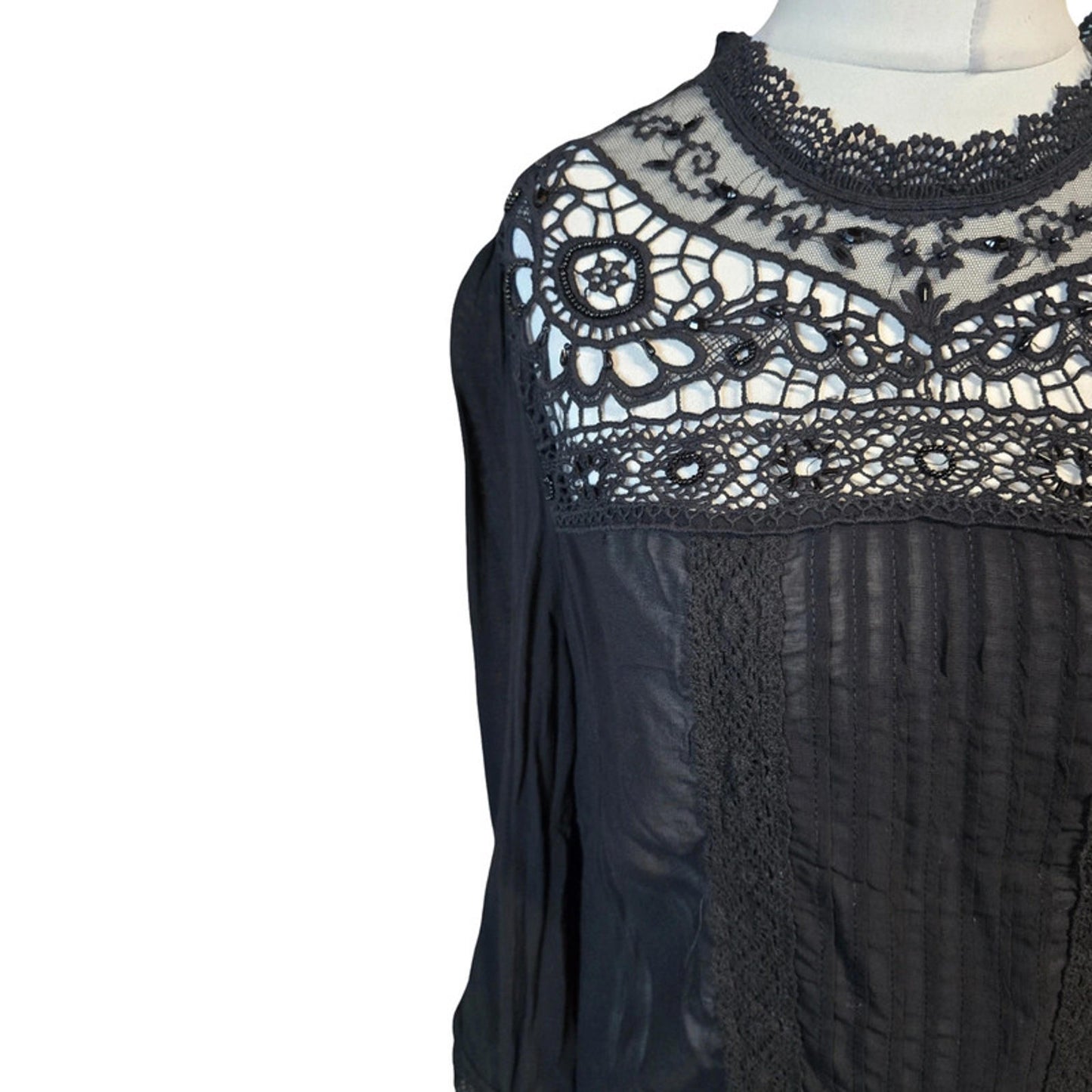 Monsoon Blouse Black Size 12 Lace 3/4 Sleeves New Work Formal