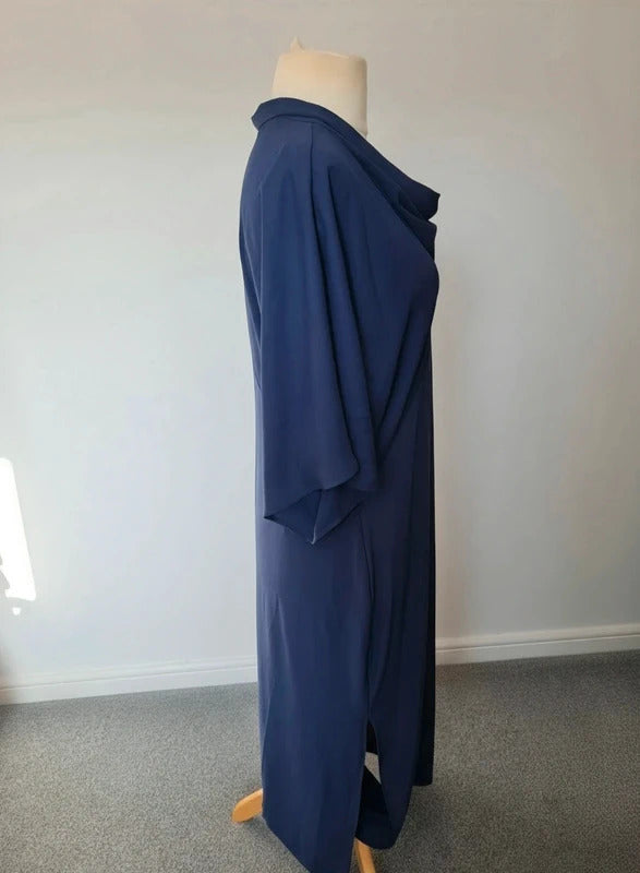Next Navy Blue Maxi Dress Size 20 Cowl Neck Flared Sleeve Sheer Panel Dress NWT