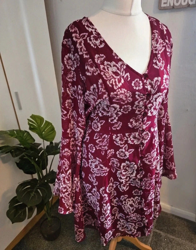 Brave Soul Burgundy Floral Dress Flared Sleeves - Size 10/12