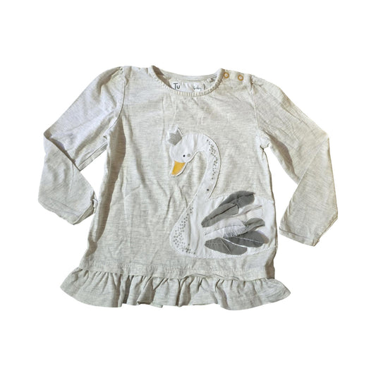 Tu Grey Swan Appliqué Long Sleeve Top – Girls 18–24 Months – Ruffle Hem Cotton Tee
