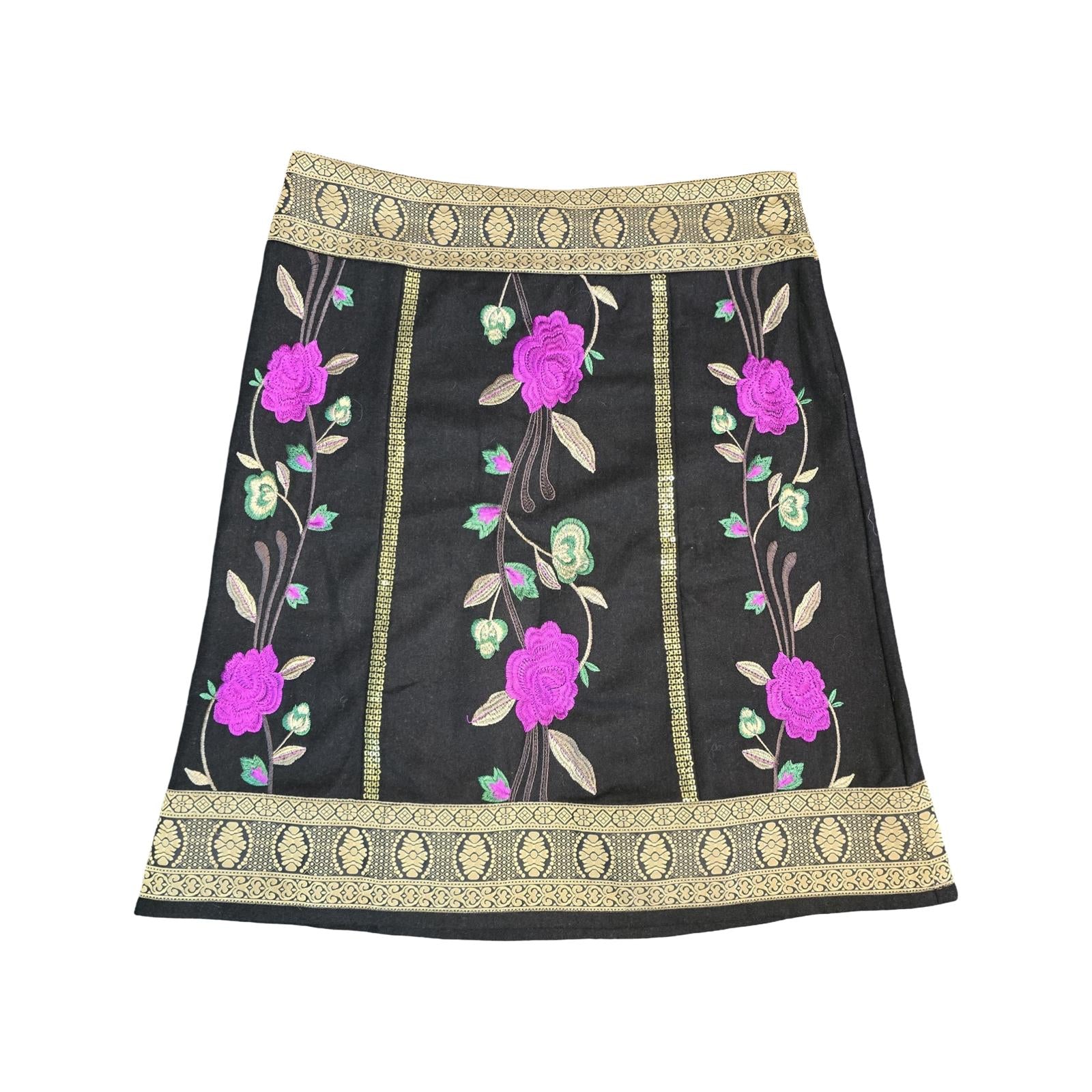 Monsoon Skirt Black, Gold, Purple Size 14 Embroidered Floral Knee Length