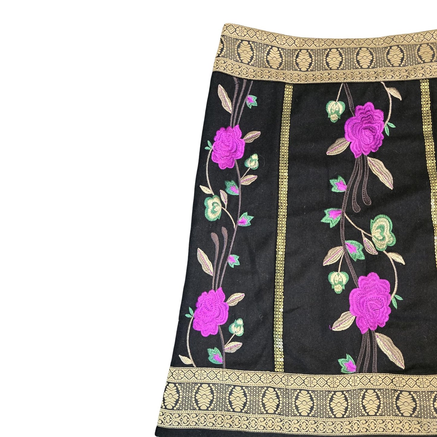 Monsoon Skirt Black, Gold, Purple Size 14 Embroidered Floral Knee Length