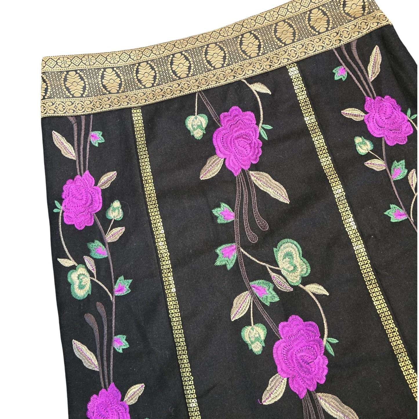 Monsoon Skirt Black, Gold, Purple Size 14 Embroidered Floral Knee Length