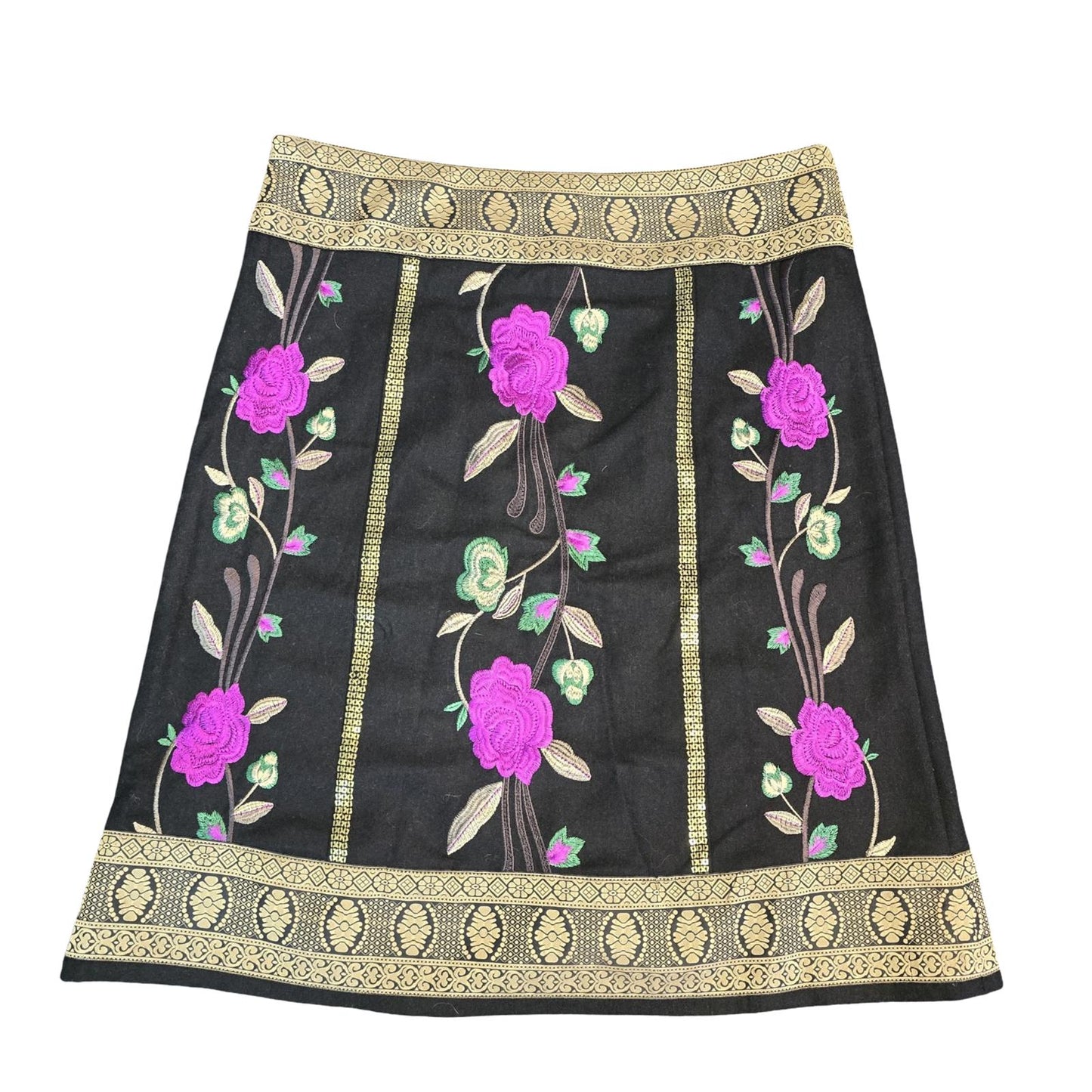 Monsoon Skirt Black, Gold, Purple Size 14 Embroidered Floral Knee Length