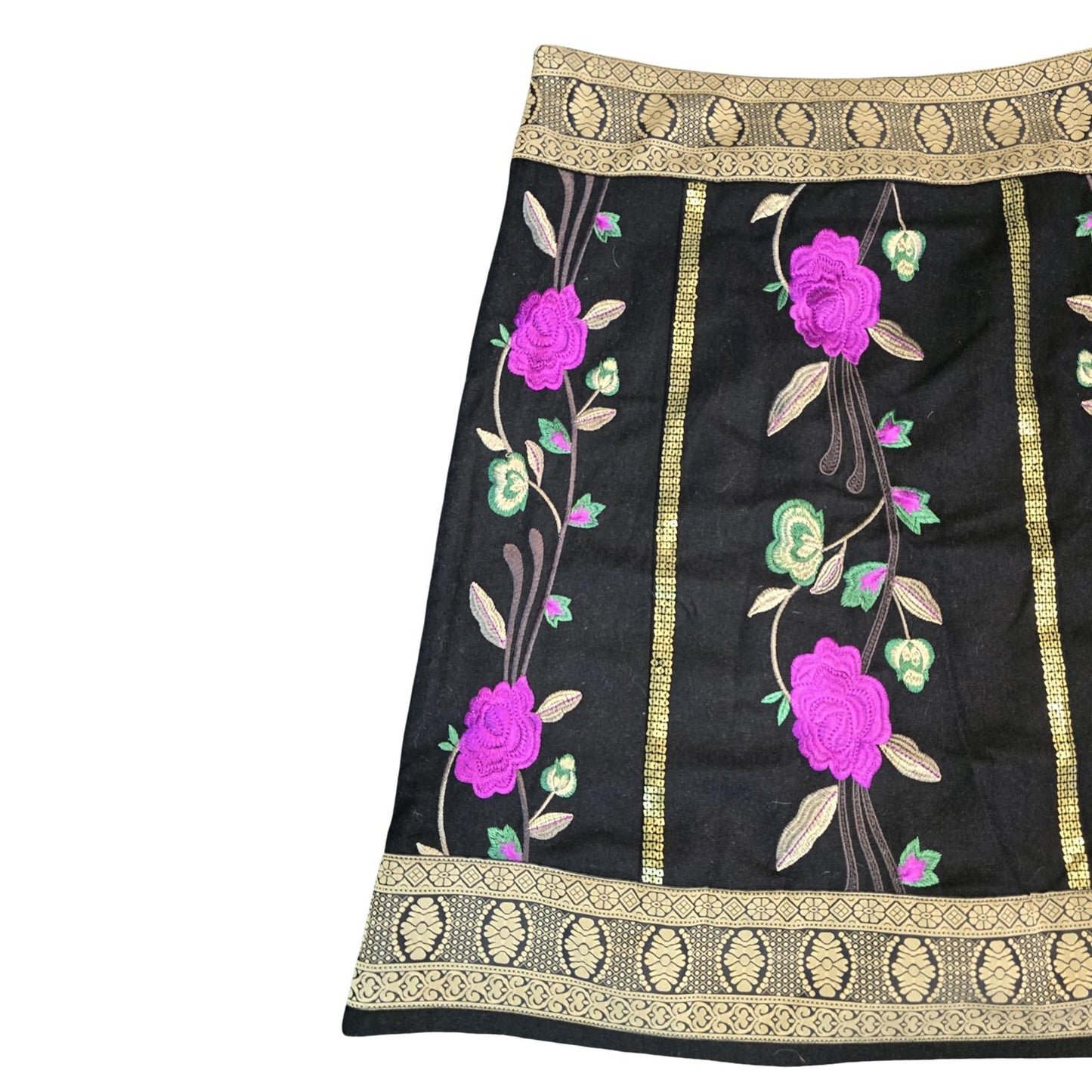 Monsoon Skirt Black, Gold, Purple Size 14 Embroidered Floral Knee Length