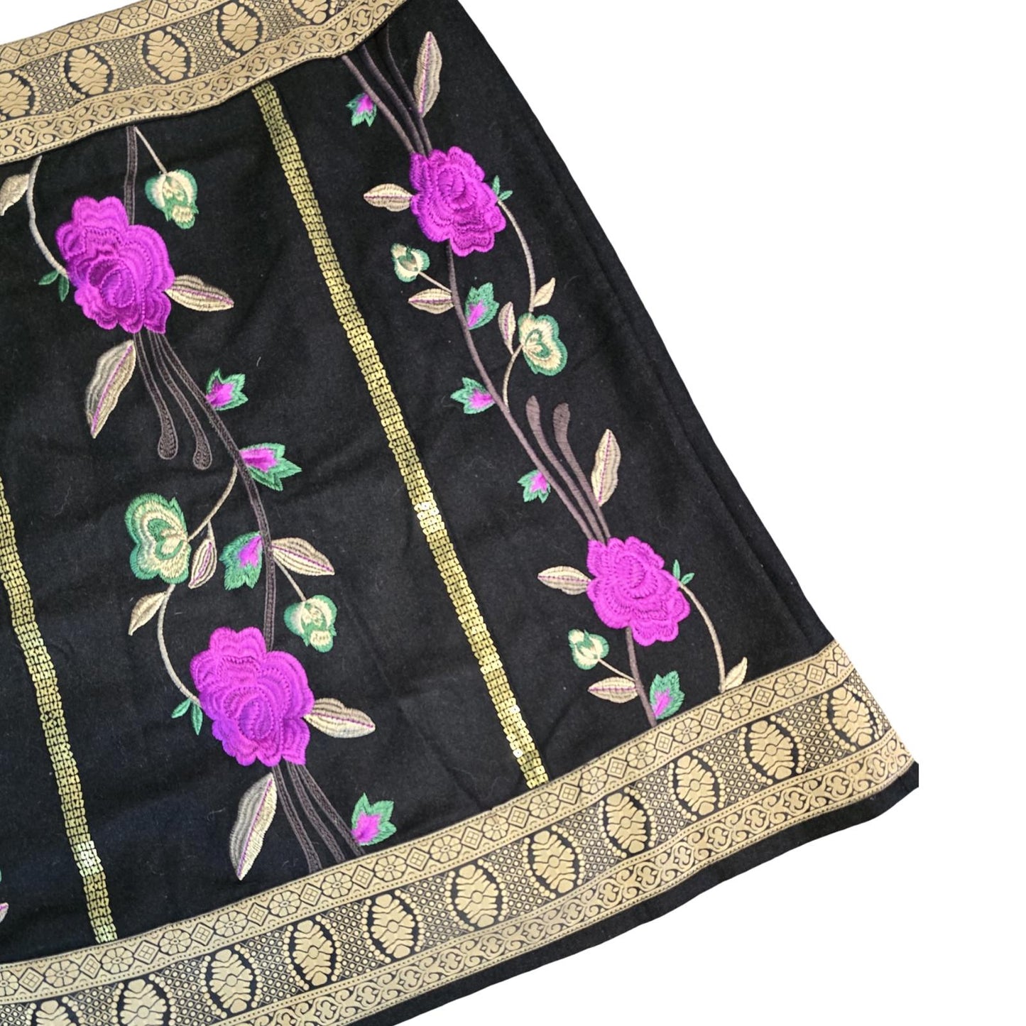 Monsoon Skirt Black, Gold, Purple Size 14 Embroidered Floral Knee Length
