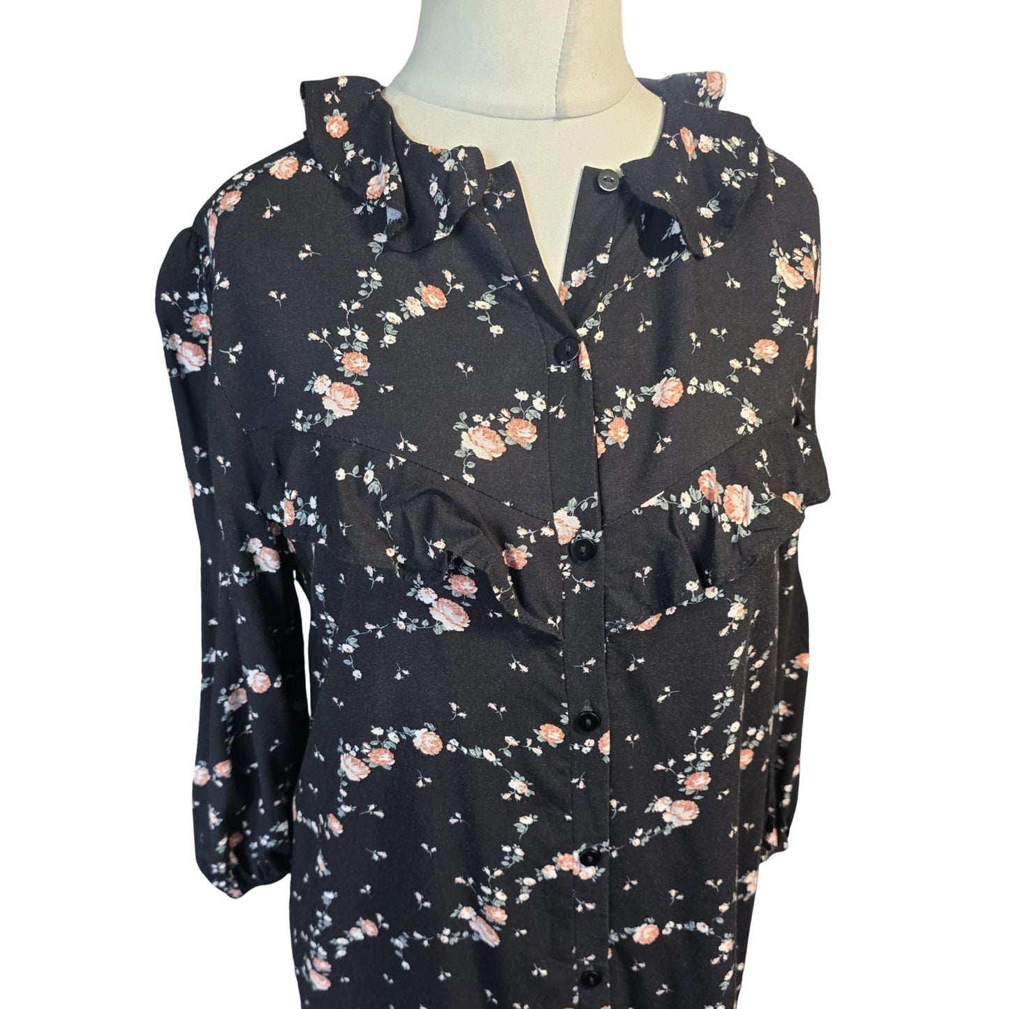 Primark Black Floral Frill Collar Dress Size 10