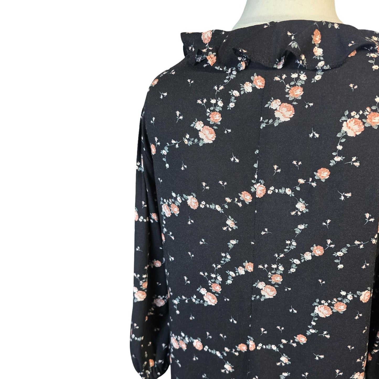 Primark Black Floral Frill Collar Dress Size 10