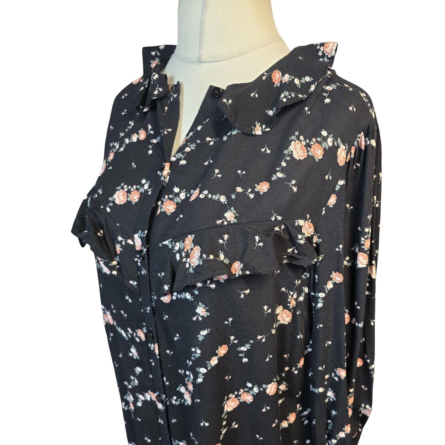 Primark Black Floral Frill Collar Dress Size 10