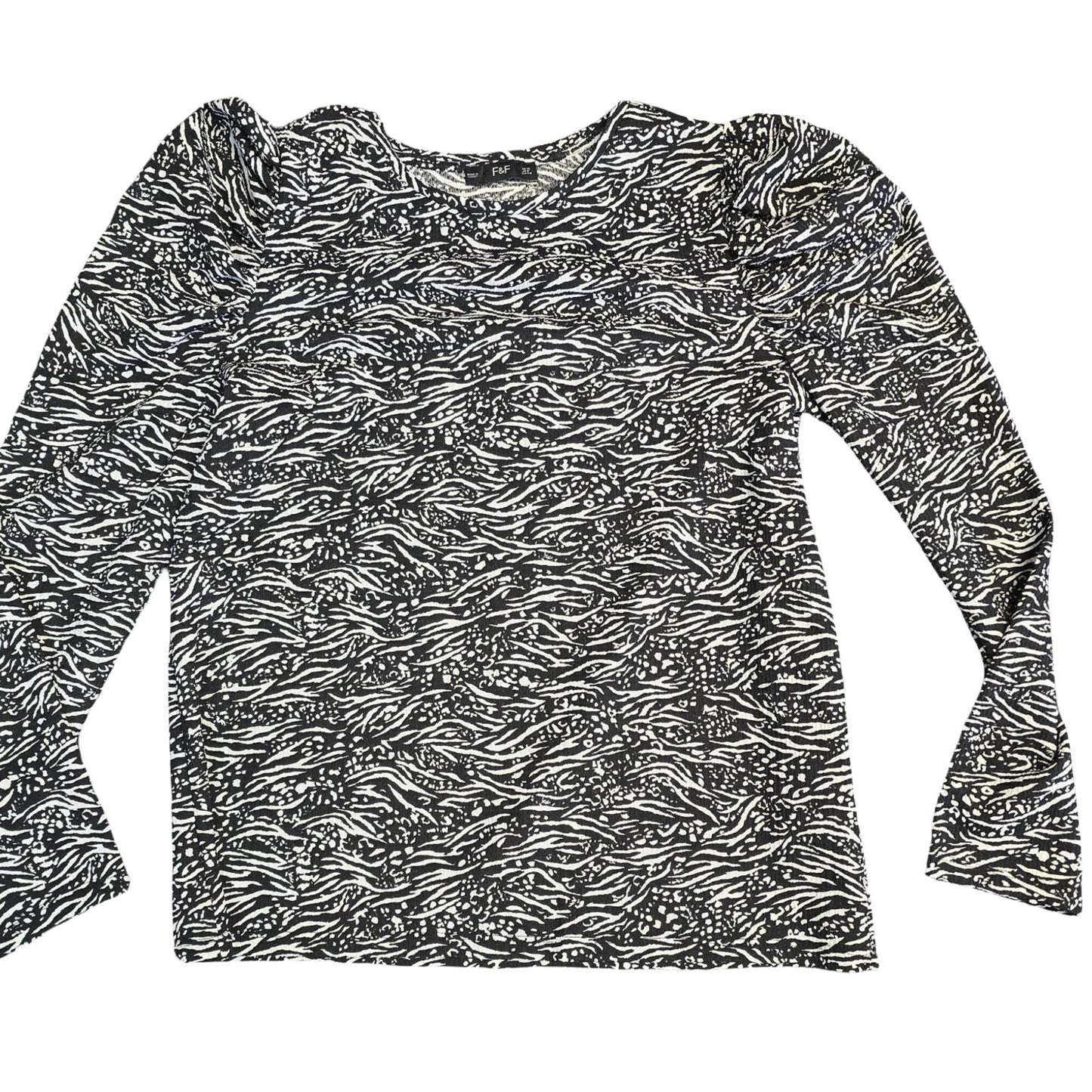 F&F Long Sleeve Top Black White Patterned Size 12 Ruffle Shoulder