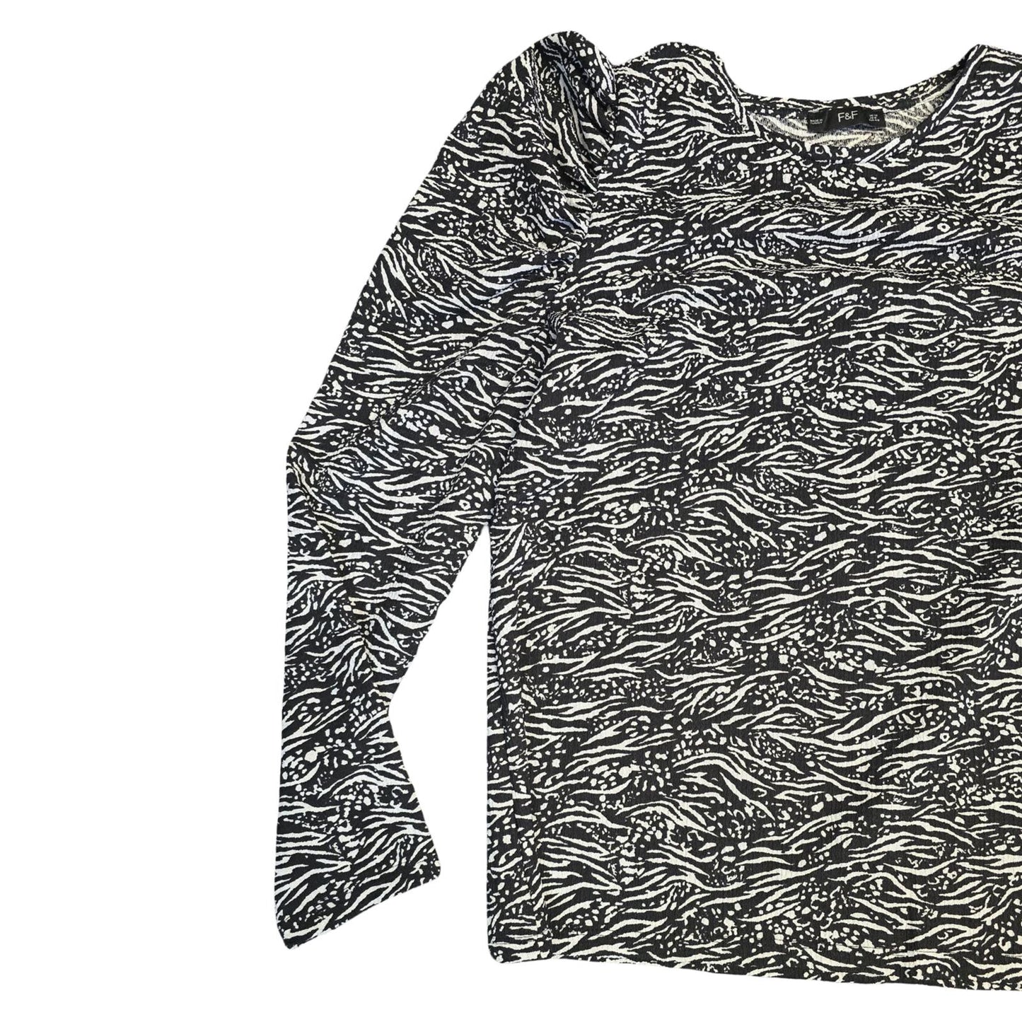 F&F Long Sleeve Top Black White Patterned Size 12 Ruffle Shoulder