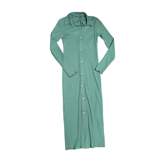 Primark Ribbed Jumper Dress Green Size 4/6 Button Front Collared Maxi