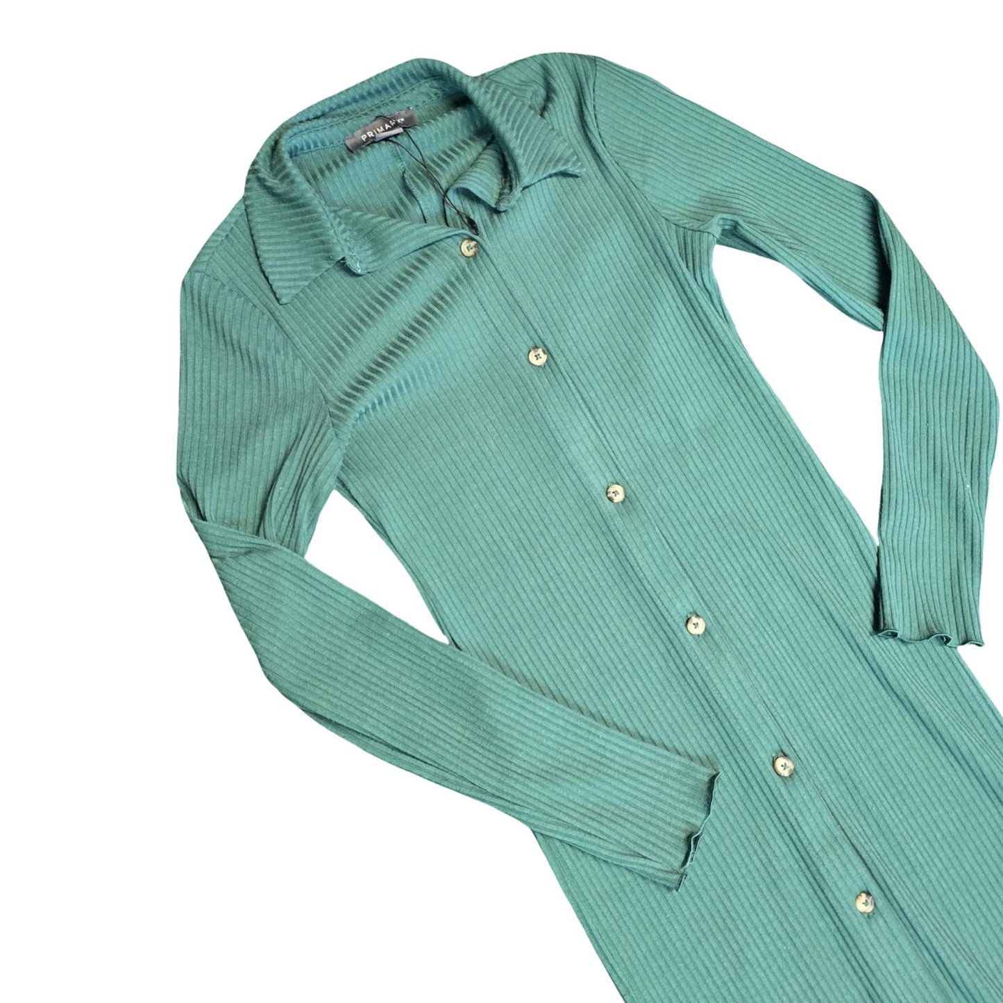 Primark Ribbed Jumper Dress Green Size 4/6 Button Front Collared Maxi
