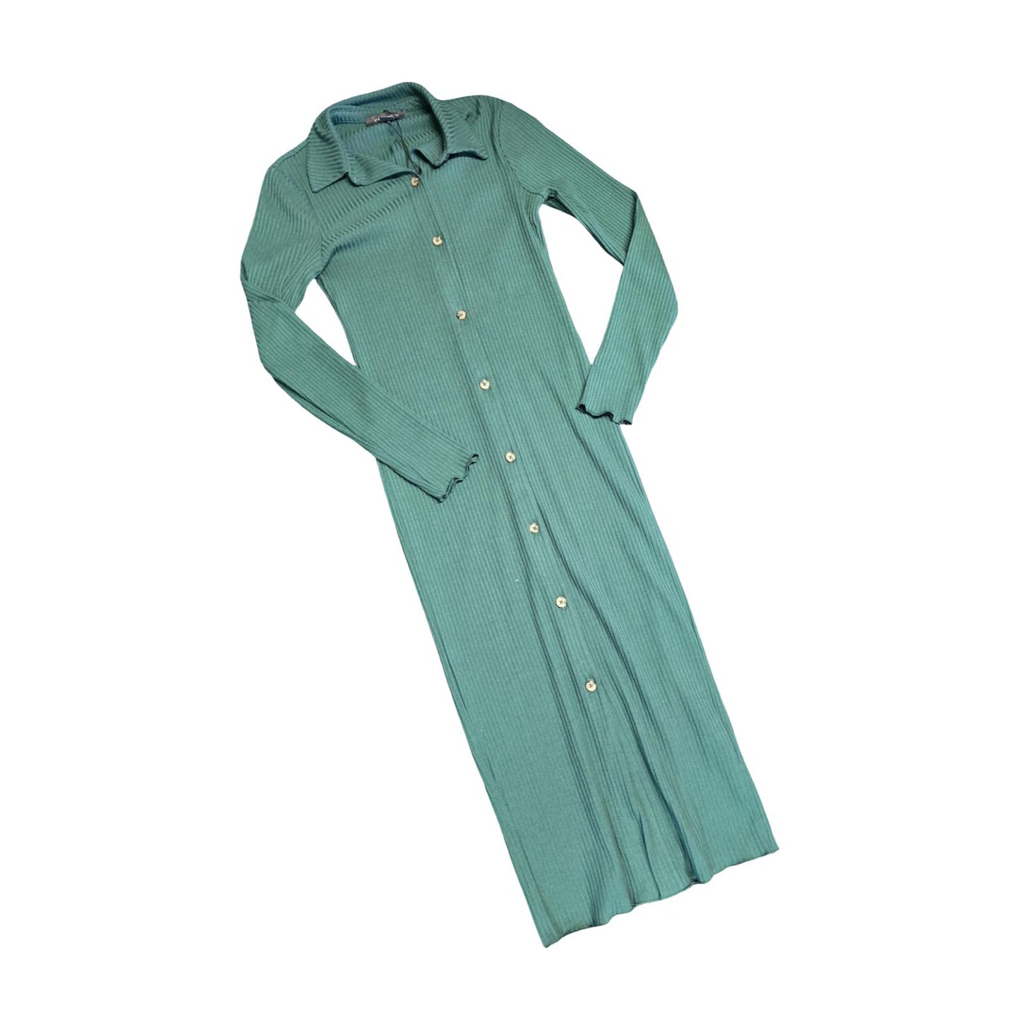 Primark Ribbed Jumper Dress Green Size 4/6 Button Front Collared Maxi