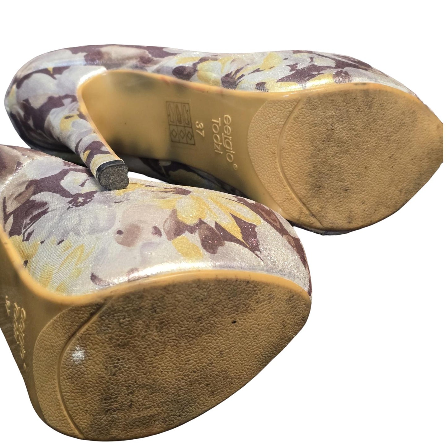 Sergio Todzi Platform Heels Floral Metallic Size 4 Statement