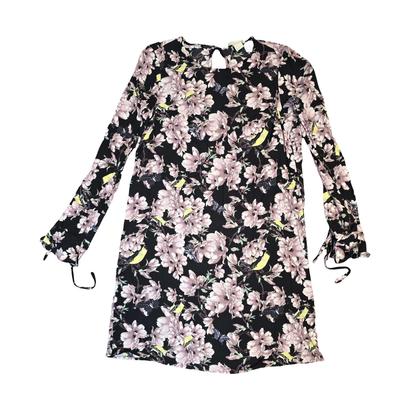 H&M Mini Dress Black & Pink Floral Size 6 Long Sleeve