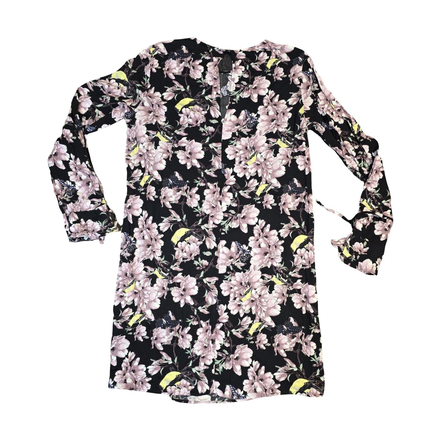 H&M Mini Dress Black & Pink Floral Size 6 Long Sleeve