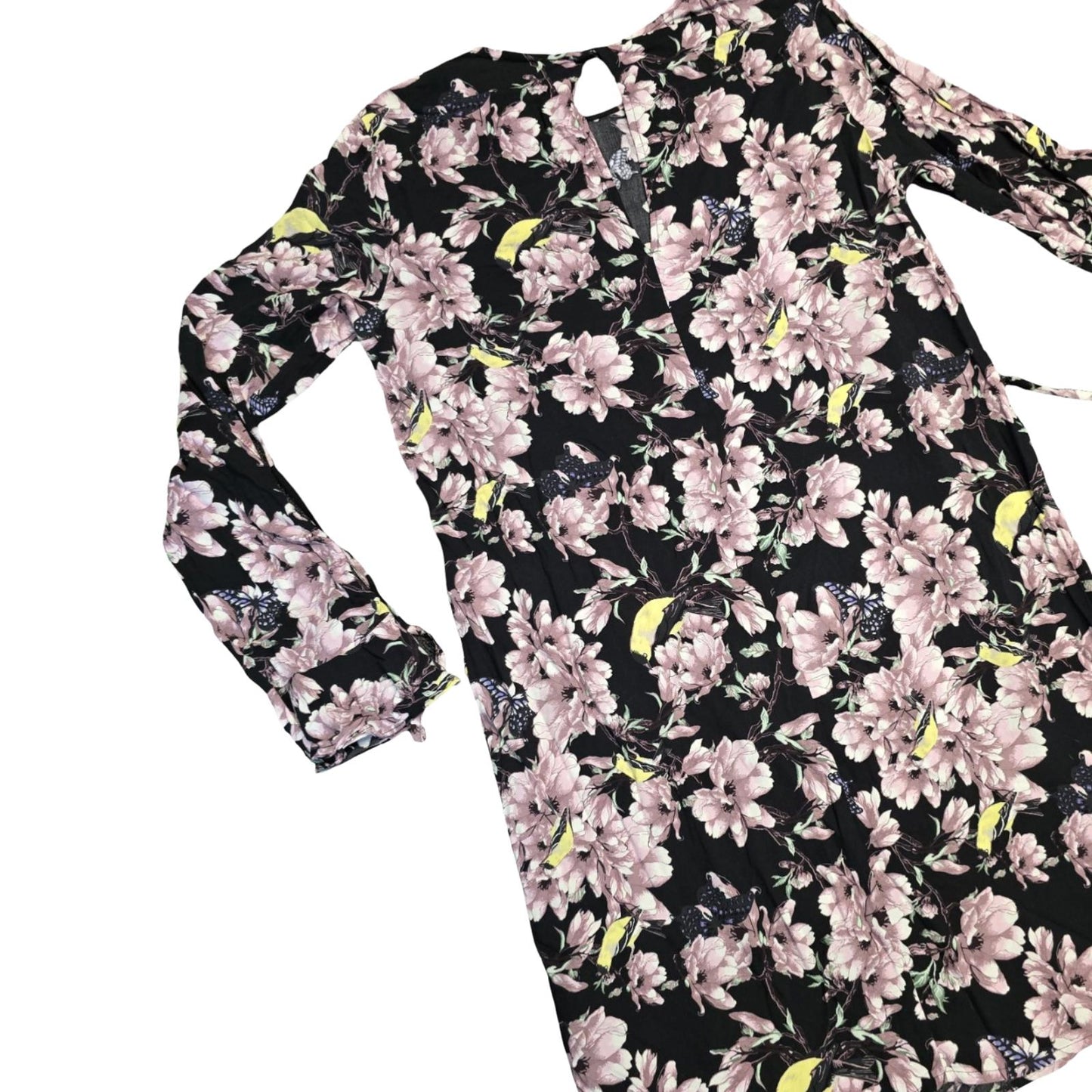 H&M Mini Dress Black & Pink Floral Size 6 Long Sleeve