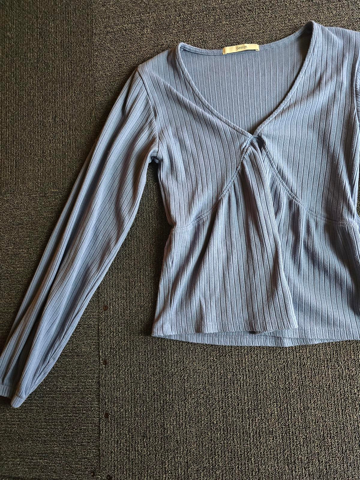 George Blue Ribbed V Neck Long Sleeve Top Size 10